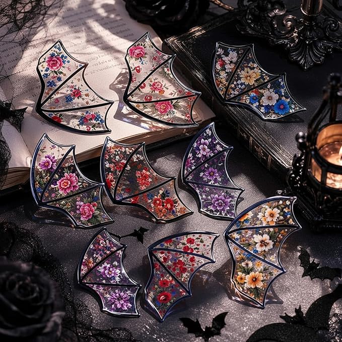Fuyoooo 48pcs Clear Gothic Bookmark Floral Flower Patterned Bat Dragon Bookmarks Goth Gothic Dark Academia PVC Vintage Flower Book Markers Halloween Book Lover Reader Gift