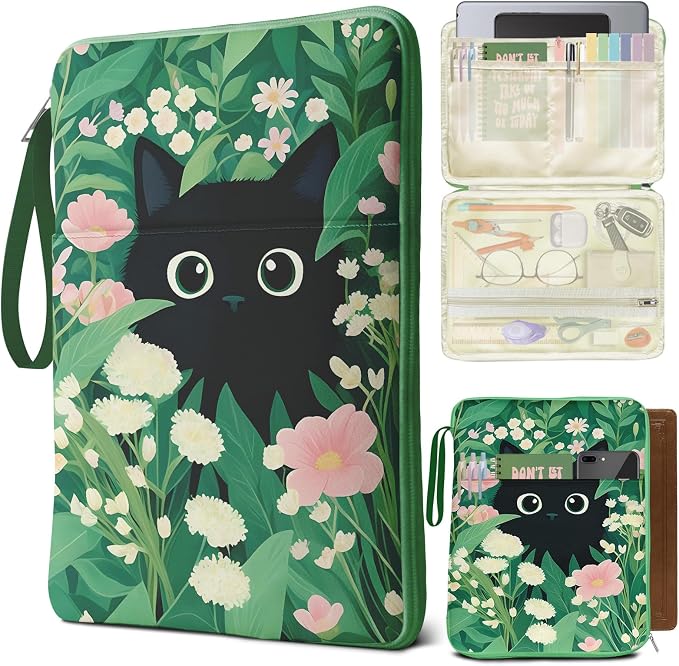 Book Sleeve Book Pouch, Cute Cat Floral Print Book Protector Case with Zipper, PU Leather Waterproof Book Cover Bag, Portable Book Pouch for Book Lovers Gifts Paperbacks Hardcover