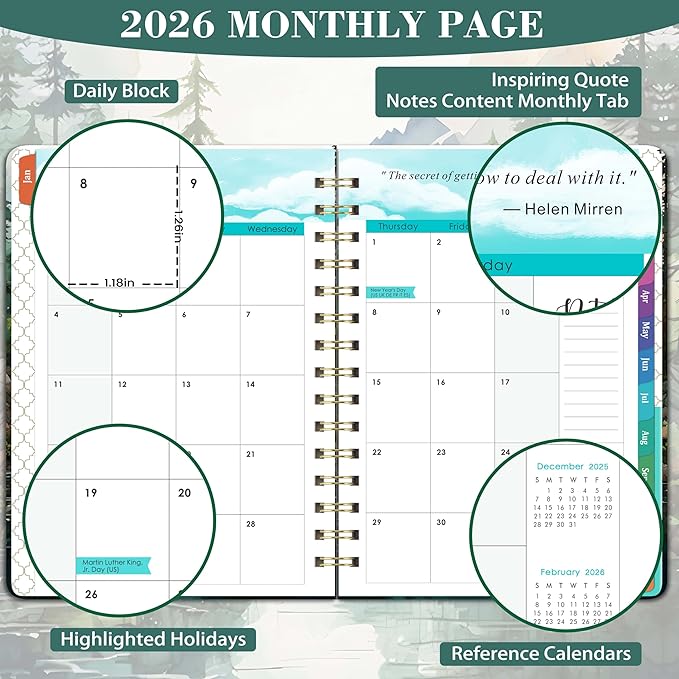 2026 Planner - 2026 Planner Weekly and Monthly, Jan 2026 - Dec 2026, 6.3” x 8.4”, 2026 Calendar Planner, Twin-Wire Binding, Inner Pocket, Colorful Monthly Tabs, Elastic Closure, Contacts, Holidays