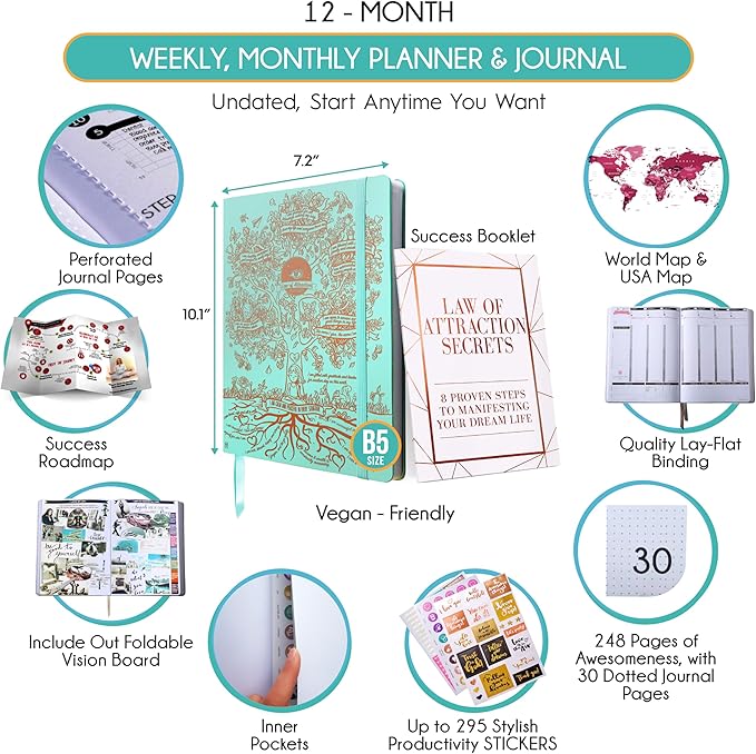 Deluxe Weekly and Monthly Planner | Law of Attraction Planner with Productivity App | 12-Month for Productivity, Gratitude & Goal Setting | Includes Foldable Vision Board, Gift Box & Stickers