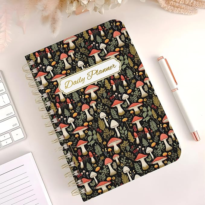 Undated Daily Planner - Spiral Notebook 80 Days One Day Per Page, Hourly Schedule, To-Do List, Notes, Everyday Planning Task, A5 Hardcover Journal Organizer Book Women Cute Aesthetic, Mushroom