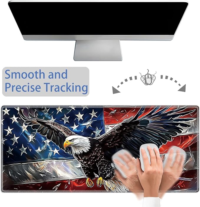 Mouse Pad Gaming Mousepad 31.5x11.8 Inch XXL Large + Coasters,Desk Mat with Stitched Edges, Non-Slip Rubber Base, Thick Mouse Pad for Computer, Laptop, Office & Home - American Flag Eagle