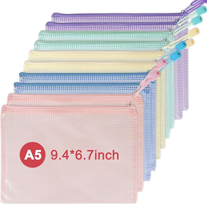 10 Pcs A5 Clear Zipper Pouch Bags - 5 Colors Plastic Mesh Storage Organizers for School Supplies, Office Travel Accessories & Classroom Organization