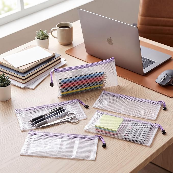 Zhehao 200 Pieces A6 Mesh Zipper Pouch Bulk Mesh Bags with Zipper Waterproof Small Pencil Pouches for School Office Supplies Organization 9.4 x 4.5 Inches(Purple)