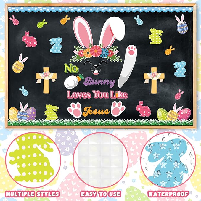 109Pcs Easter Bunny Christian Cross Bulletin Board Set No Bunny Loves You Like Jesus Eggs Cutouts Spring Rabbit Religious Bulletin Board for Bible Sunday School Chalkboard Church Wall Door Decor