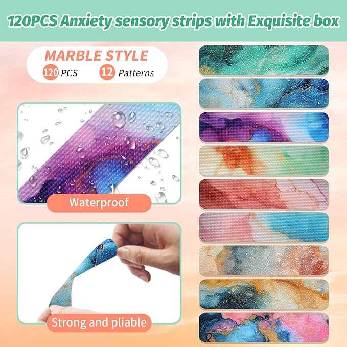 120 Pieces Anxiety Sensory Stickers with 2 Textured Stickers - Desk Fidget and Calming Stickers for Adults & Teens - Sensory Items - Anxiety Relief Sensory Strips (Marble)