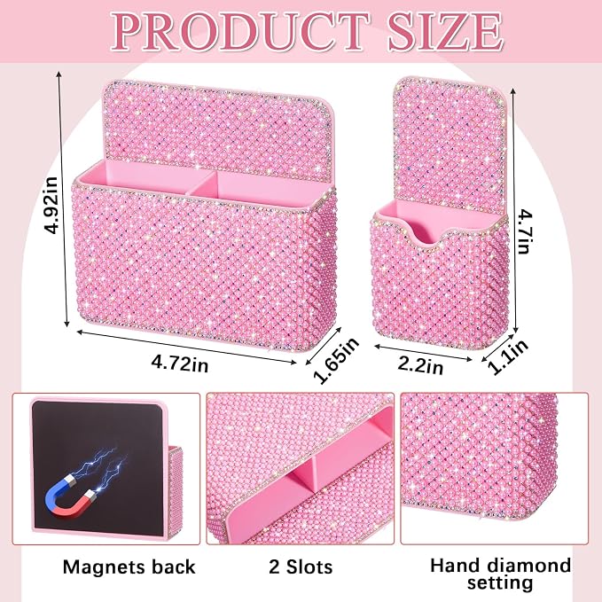 MotiMind 2 Pcs Pink Bling Magnetic Marker Holder Women Girl Locker Accessories Marker Pen Pencil Holder for Refrigerator Whiteboard Sparkly Gift Desk Organizer for School Office (Pearl)