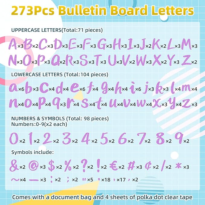 273 Pcs 4 Inch Glitter Bulletin Board Letters Set - Poster Board Letter Cutouts with Alphabet, Symbols, Numbers, Storage Bag - Classroom Decor, DIY Projects, Teacher Supplies, Office (Light Purple)