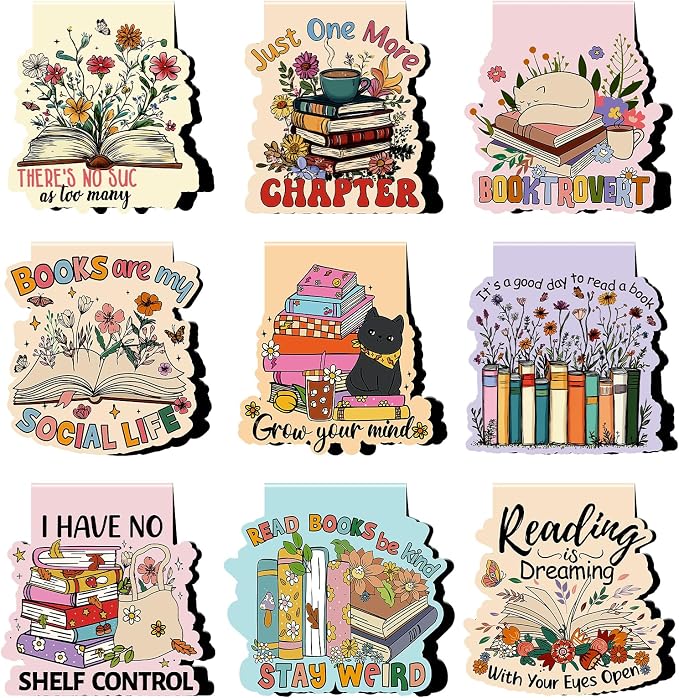 Wxiben Book Lover Magnetic Bookmark - 9Pcs Flower Book Mark Magnets Cute Cat Floral Bookmarks Magnetic Bookish Magnets Book Markers Page Clip Gifts for Women Teen Students Teacher Reading Office