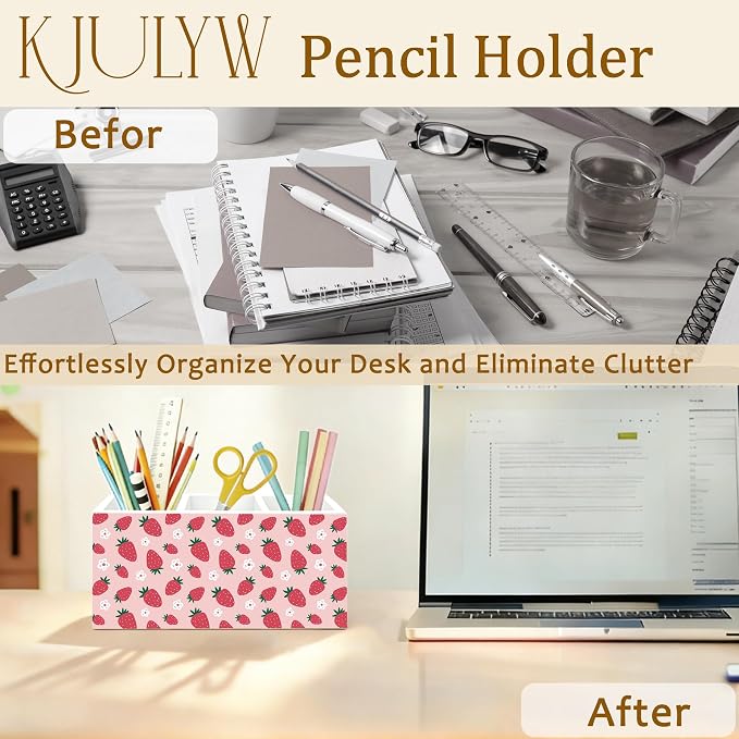 Pink Strawberry Pen Holder for Desk, Strawberry Gifts, Girly Aesthetic Strawberries Flower Wooden Box Pencil Pen Holder Organizer for Home Office Desk Accessories