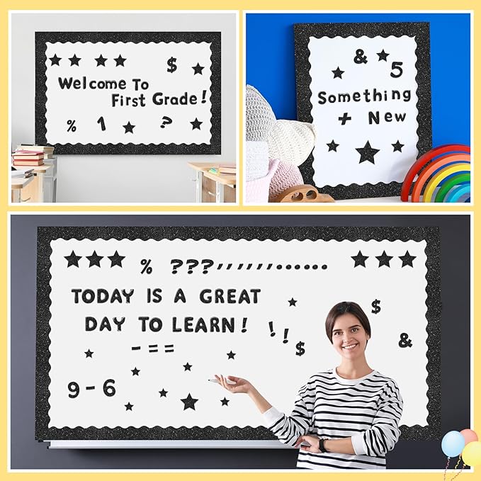 Kosiz Black Glitter Bulletin Board Decoration Set 118 ft Scalloped Winter Bulletin Board Borders Classroom Poster Border Trim with 257 Pcs Letter Number Symbol Cutout for School Christmas Decor