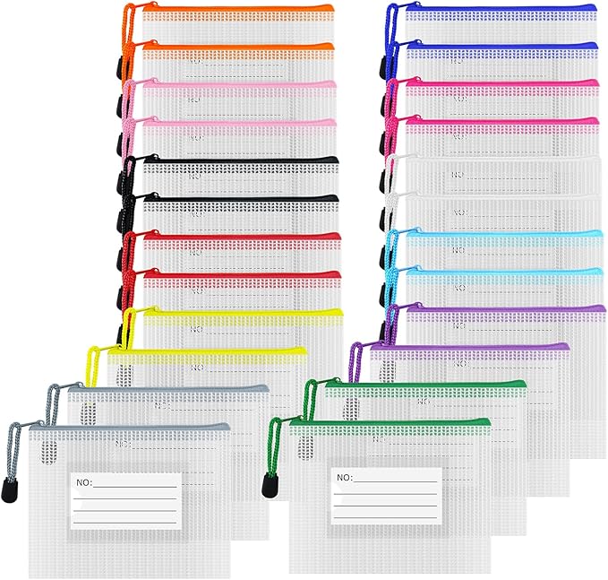 AUSTARK 24pcs Mesh Zipper Pouch Bags with Label, Multipurpose Waterproof Organization Storage Bag for Office School Home Travel (6.3''x4.7'', 12-Colors Zipper)