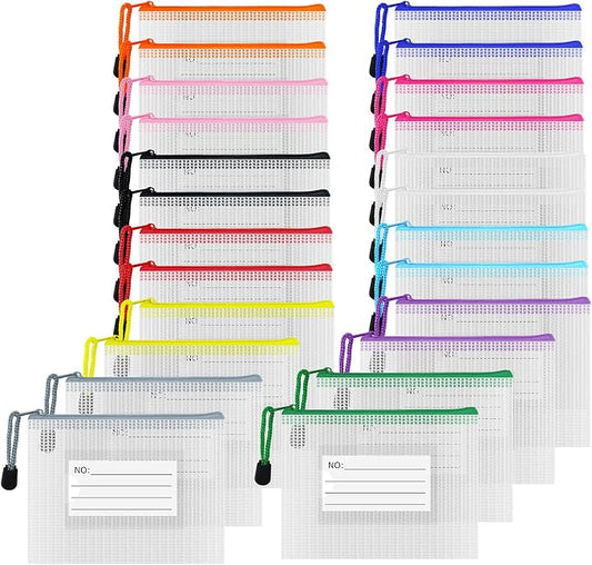 24pcs Mesh Zipper Pouch Bags with Label, Multipurpose Waterproof Organization Storage Bag for Office School Home Travel (6.3''x4.7'', 12-Colors Zipper)