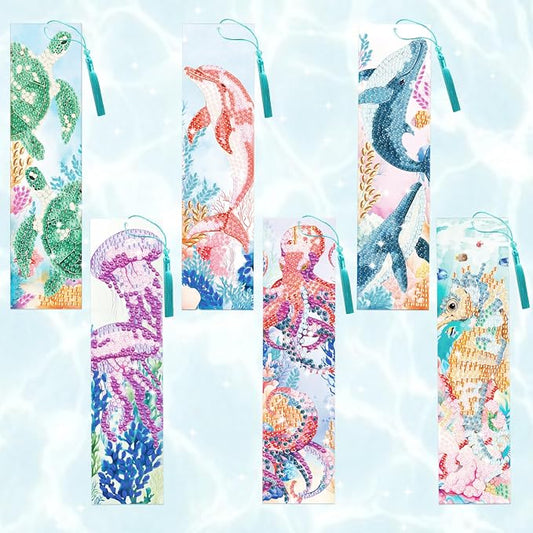 6Pcs Marine Animals 5D Diamond Art Bookmarks Turtle Dolphin Whale Diamond DIY Painting Bookmarks Rhinestones Beaded Acrylic Tassel Bookmark for Adult Beginner Crafts