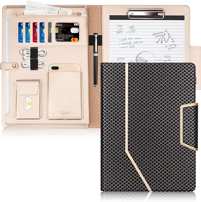 Toplive Business Padfolio, Executive Conference Folder with Document Sleeve, Letter/A4 Size Clipboard, Business Card Holders, Men's & Women's Mermaid Black