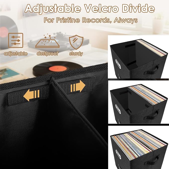 Vinyl Record Storage Box for 50+ Single LPs (12-Inch), Stackable Albums Linen Crate with Lid, Collapsible Play Music Collection Holder, Document File Folder Cabinet Organizer Case with Handle