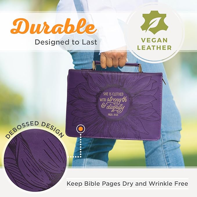 Christian Art Gifts Women's Fashion Bible Cover Strength and Dignity Proverbs 31:25, Purple/Gold Sunflower Faux Leather, Medium