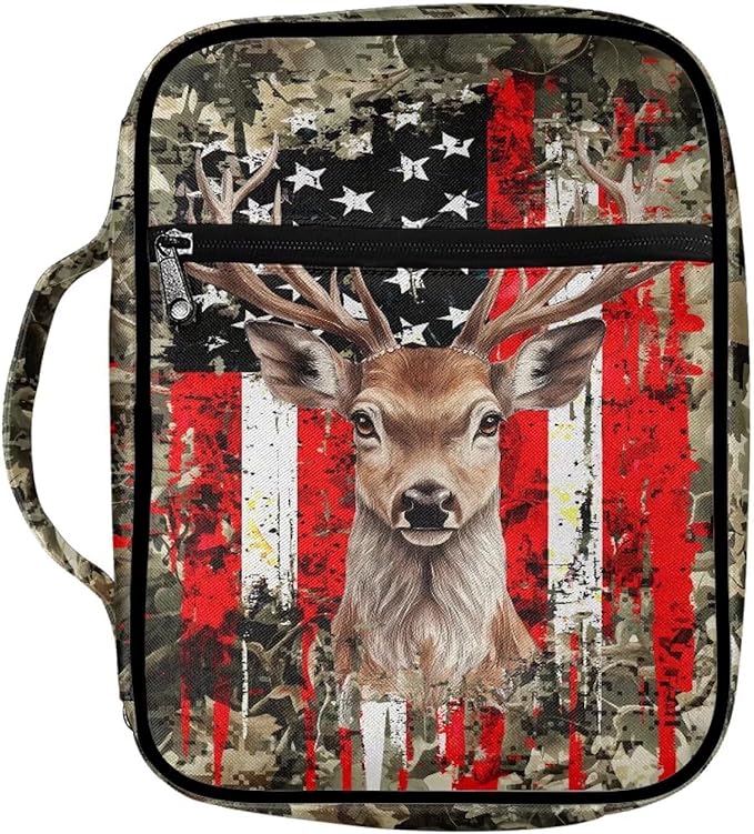 Suobstales Deer Print Bible Cover Carrying Book Case for Women Men American Flag Camo Lightweight Bible Bag Bible Protective with Handle and Zippered Pocket