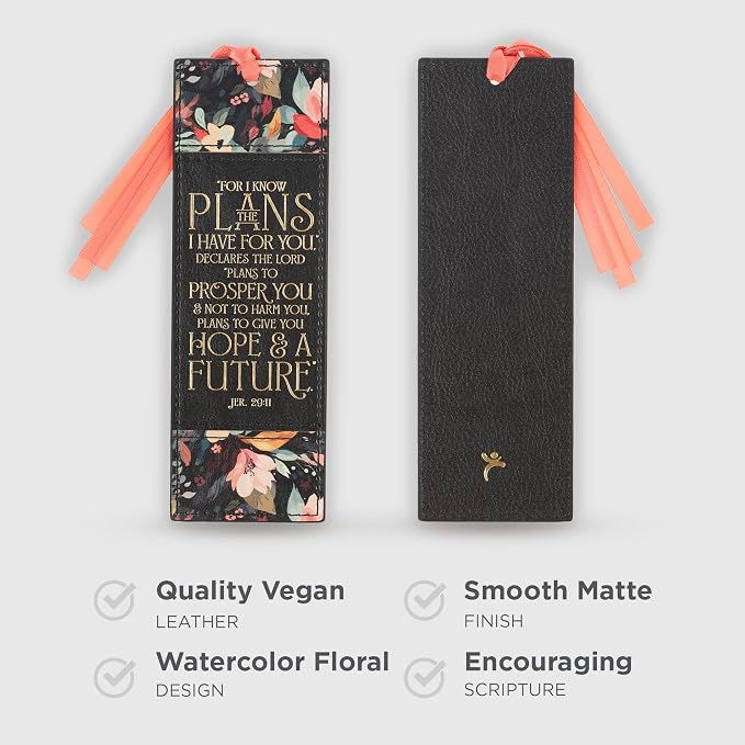 Christian Art Gifts Premium Inspirational Scripture Vegan Leather Women's Bookmark: I Know the Plans Encouraging Golden Bible Verse, Pink Satin Ribbon, Book Reading Accessory, Black Multicolor Floral