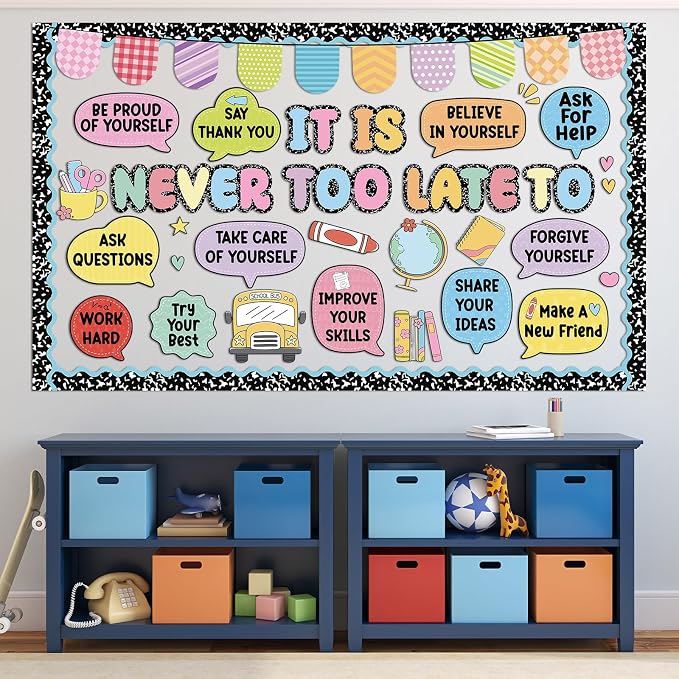 Back to School Bulletin Board Set Inspirational Composition Notebook Classroom Decoration It is Never Too Late Bulletin Board Motivational Positive Paper Cutout for First Day of School Home Wall Decor