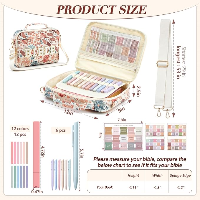 Large Bible Cover Case for Women, Bible Study Supplies Journaling Kit Chenille Letter PU Leather with Tabs Gel Pen Highlighters with Strap Easter Mothers Day Christian Gifts for Women Mom(Flower)