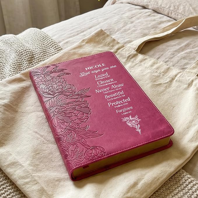 Personalized NLT Gift Bible, New Living Translation, Red Letter, Faux Leather, Peony Pink, Custom Name Bible for Women, Christian Graduation Gift for Her, Birthday Gift, Inspirational Keepsake