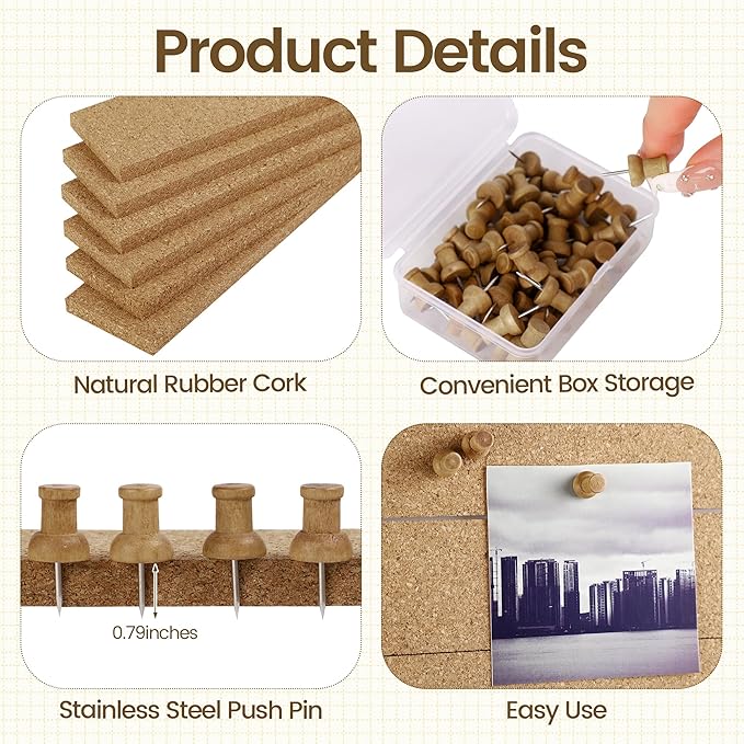 Aodaer 30 Pack Cork Boards Strips 15 x 2 Inch Board Bar Strips with 150 Push Pins and 90 Adhesive Stickers Frameless Bulletin Board for Office School Wall Decorations