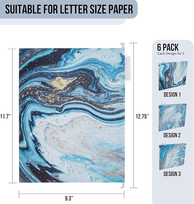 Y YOMA 6 Pack Decorative Hanging File Folders Letter Size Marble Cute Hanging Folder Pretty File Folder Organizer for Filing Cabinet Office Home with 1/5-Cut Adjustable Tabs, 3 Blue Marble Design
