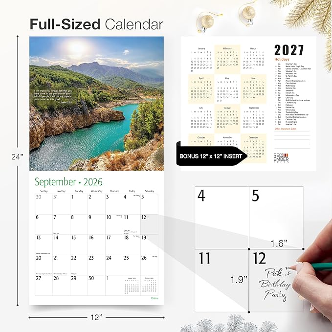 RED EMBER Select - Christian Wall Calendar 2026 | Psalms with Bible Verses | 12 Month | 12" x 24" Open | Thick & Sturdy Paper | Holiday Gift | Inspirational Religious Scripture Christian Calendar 2026