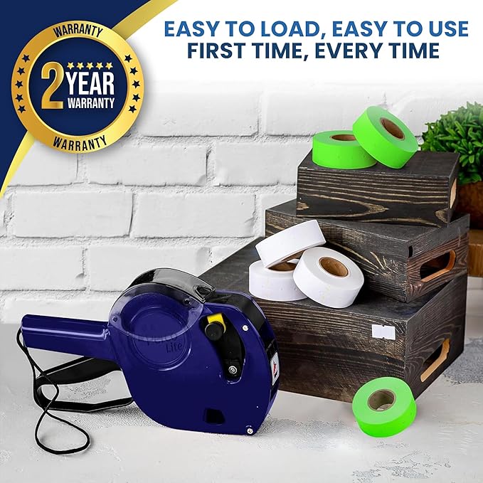 Perco Lite 1 Line Price Gun with Labels Kit - Includes 3 White Rolls, 1 Gun Clip, 3 Fluorescent Green Rolls, 2 Ink Rollers, 1 Ink roll and Labels Pre-Loaded