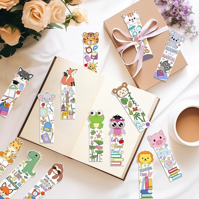 140PCS Color Your Own Bookmarks, 14 Styles Animal DIY Coloring Blank Bookmarks for Kids, Cartoon Animal Unfinished Page Marker for Reading Lover, Party Game Prize Classroom