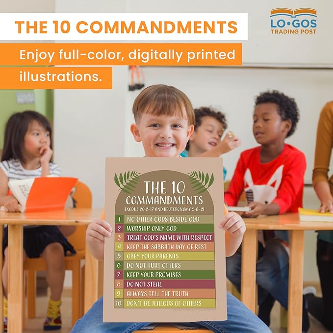 10 Commandments For Kids, 11"x17" Laminated Bible Posters For Kids For Christian Classroom Decor, Sunday School Posters For Church Nursery Decor & Sunday School Decorations For Classroom