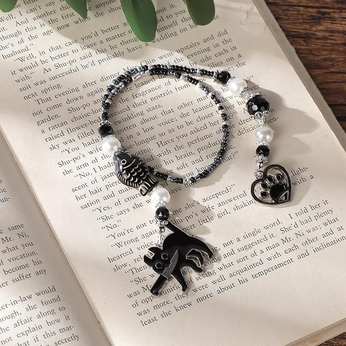 Black Cat Beaded Bookmark - Fantasy Cute Cats Crystal Bead Chain Bookmark, Catchain Pendant, Book Marks Gifts for Books Lovers Students Teacher Office School Supplies