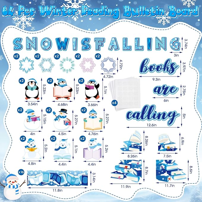 Honoson 64 Pcs Winter Bulletin Board Decoration Set Snowflake Bulletin Boards Winter Reading Classroom Decorations Book Cutouts for School Home Reading DIY Craft Chalkboard Window Wall Decor(Snow)