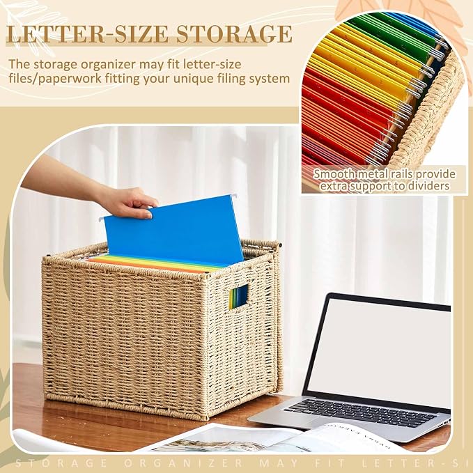 Jingmore 2 Pack Paper Rope File Box Organizers Collapsible Letter Size Filing Cabinet with Lid Woven Hanging File Basket Portable Decorative Document Storage Box for Office/Decor/Home (Letter Size)