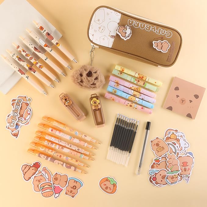 Capybara Gifts Box, Cute Capybara Toy for Girls Kids for Back to School, Birthday, Christmas Gifts with Pencil case, Highlighters, Gel Pens, Pencils, Erasers, Stickers, Sticky Notes, Fuzzy Pendant
