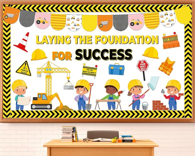 Construction Bulletin Board Set Inspirational Classroom Decoration Laying the Foundation for Success Bulletin Board DIY Name Tag Positive Paper Cutout for Back to School Classroom Home Wall Decor