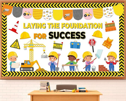 Construction Bulletin Board Set Inspirational Classroom Decoration Laying the Foundation for Success Bulletin Board DIY Name Tag Positive Paper Cutout for Back to School Classroom Home Wall Decor