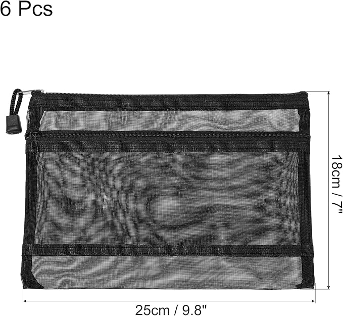 MECCANIXITY Mesh Zipper Bags, A5 Nylon Double Layer Zip File Pouch Storage Organizer Pockets for Travel Office Accessories, Black Pack of 6