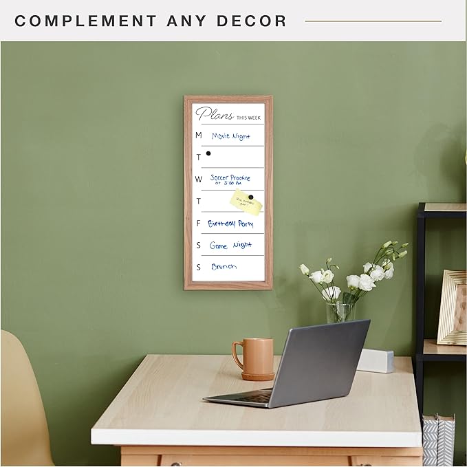 MCS Dry Erase Weekly Planner 11x24 Walnut Framed Calander Whiteboard for Wall, Plan Your Week with Family Weekly Planner for Dinners, Sports, Events & More