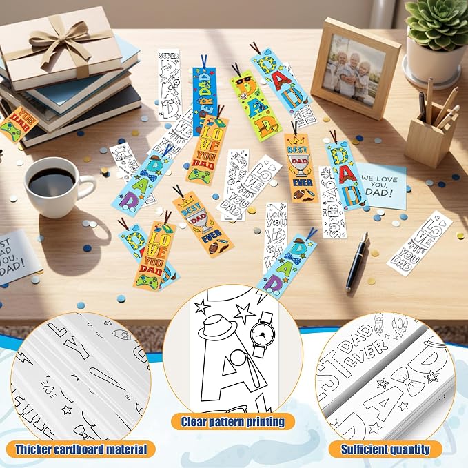 ANGOLIO Father's Day Color Your Own Bookmarks for Kids, 123Pcs DIY Father's Day Crafts for Classroom School Students, Coloring Dad Bulk Blank Bookmarks Set with Ribbons for Home Holiday Party Favor