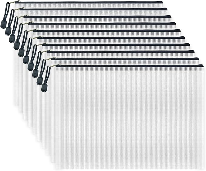 10 Pcs Zipper File Bags, Waterproof Plastic Mesh Pouch for Office School, Board Game Storage Bags (A4 Size 13.4''x9.4'', White and Black)