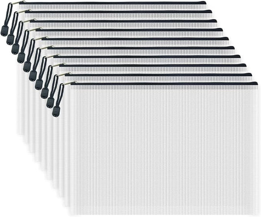 10 Pcs Zipper File Bags, Waterproof Plastic Mesh Pouch for Office School, Board Game Storage Bags (A4 Size 13.4''x9.4'', White and Black)