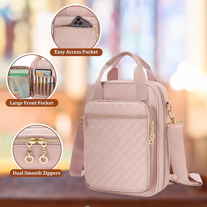 Teamoy Bible Cover Case for Women Men, Bible Book Cover Church Bag Carrying Case with Shoulder Strap, Pink Quilted