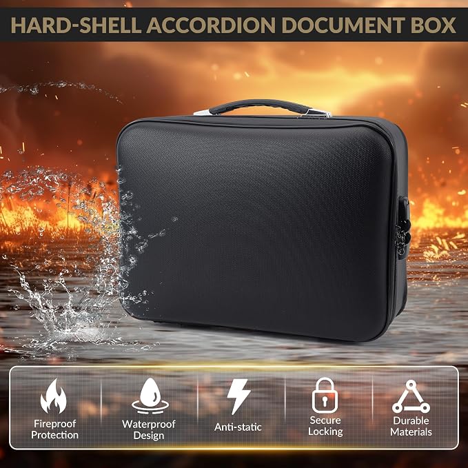 Garvee Fireproof Document Box, Hard Case Waterproof Fire Safe File Box with Lock, Portable Fire Proof Important Document Organizer Bag for Passports Certificates Laptop, Black