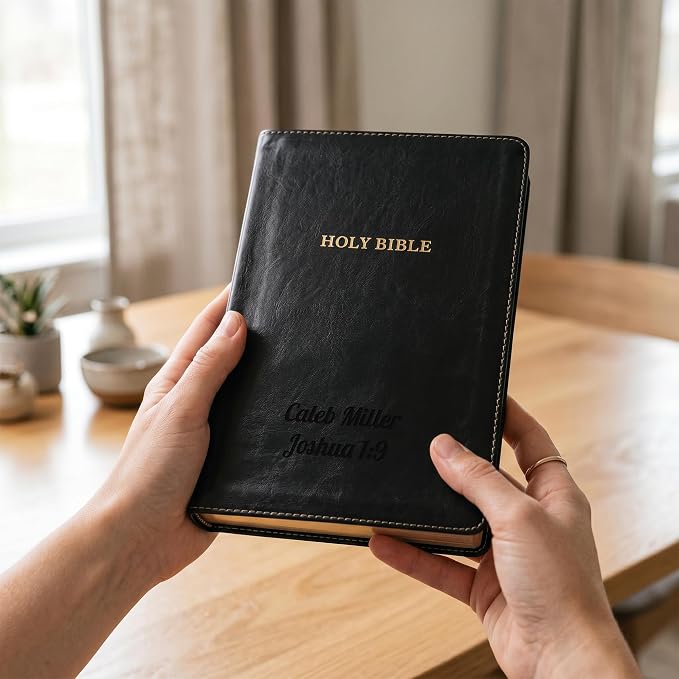 Printualist Personalized KJV Thinline Holy Bible with Name Engraved, Red Letter King James Version, Faux Leather Black Cover, Custom Gift Bible for Christian Celebrations