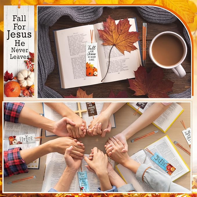 Dispowreath 36 Pcs/ 18 Sets Fall for Jesus He Never Leaves Gifts Pen with Bookmark, Include 18 Bible Verse Pen, 18 Religious Bookmarks Autumn Thanksgiving Exchange Gifts for Home Church Party Favors