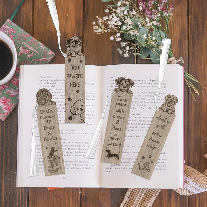 TICIAGA Wooden Dog Animal Bookmark - 4PCS Walnut Puppy Pet Bookmark Bulk with Tassel for Book Lover, Cute Dog Wooden Carving Book Mark Gift for Reading, Teacher Appreciation Gifts for Pet Lover