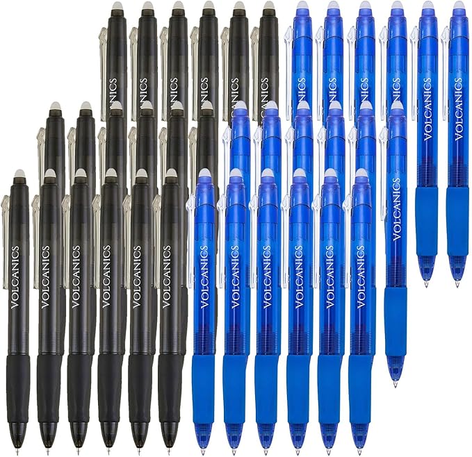 Volcanics Retractable Clicker Erasable Gel Pens - 0.7mm Ball Point, Heat Erase with Built-in Eraser, 36 Pack Blue and Soft Black