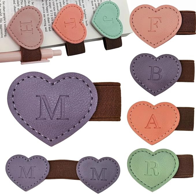 Personalized Magnetic Leather Heart Bookmark with Pen Holder - 26 Letters Custom Book Mark Notebook Pencil Loop with Initial Book Marker for Readers, Book Lovers- Gifts for Women Men(Purple,M)